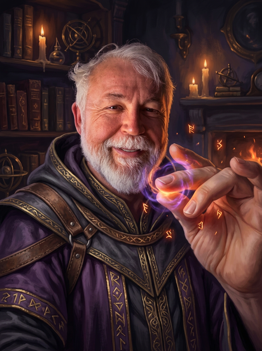 Bryan Ogden portrayed as a wizard in runic robes, arcane light in his hand