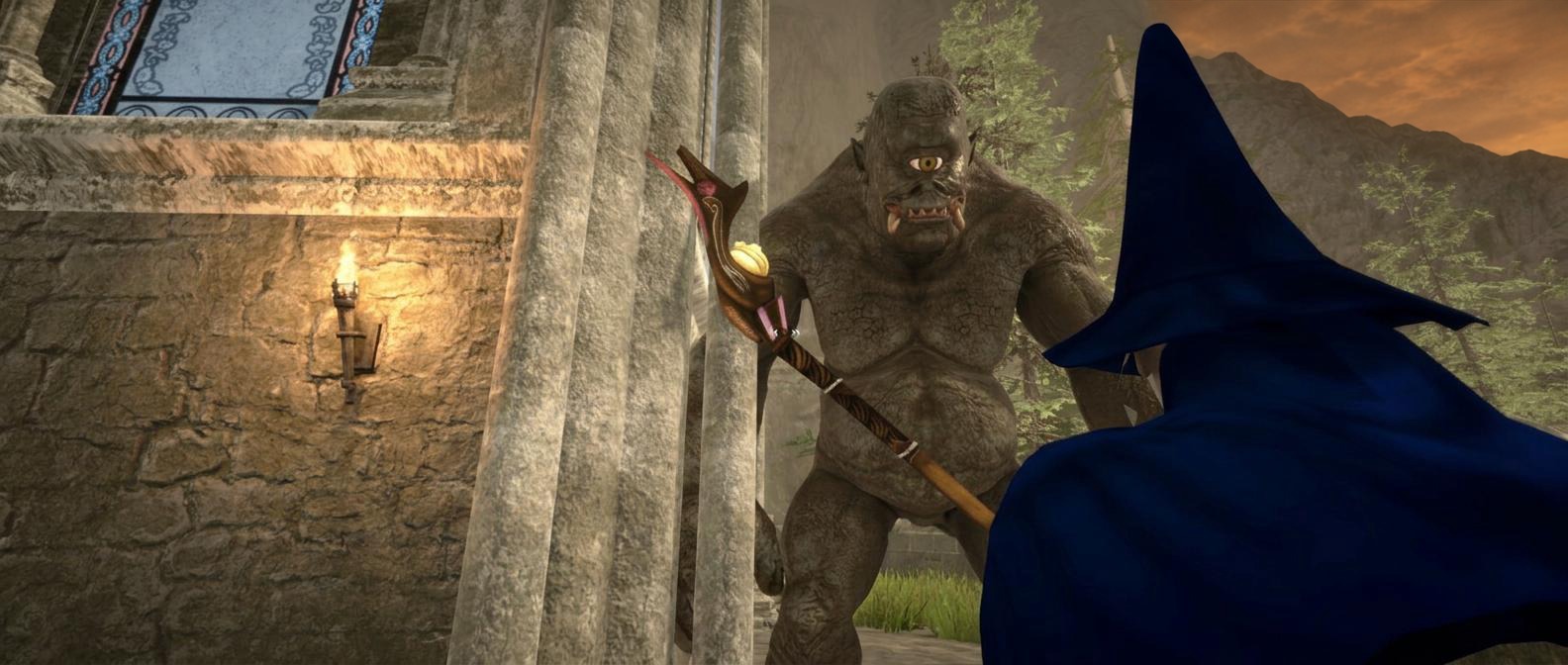 The wizard in his full pointed hat facing a cyclops outside the castle
