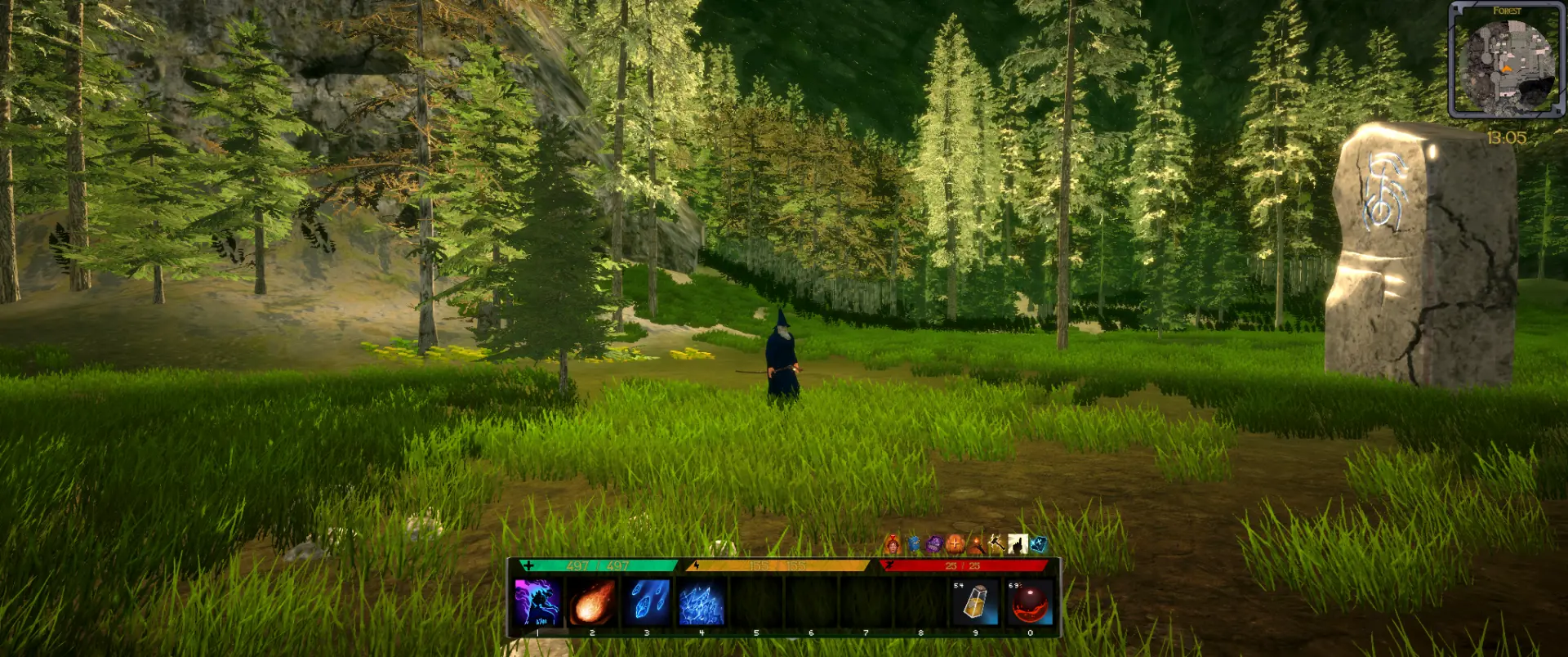 The Forest — a rune stone hums with old magic